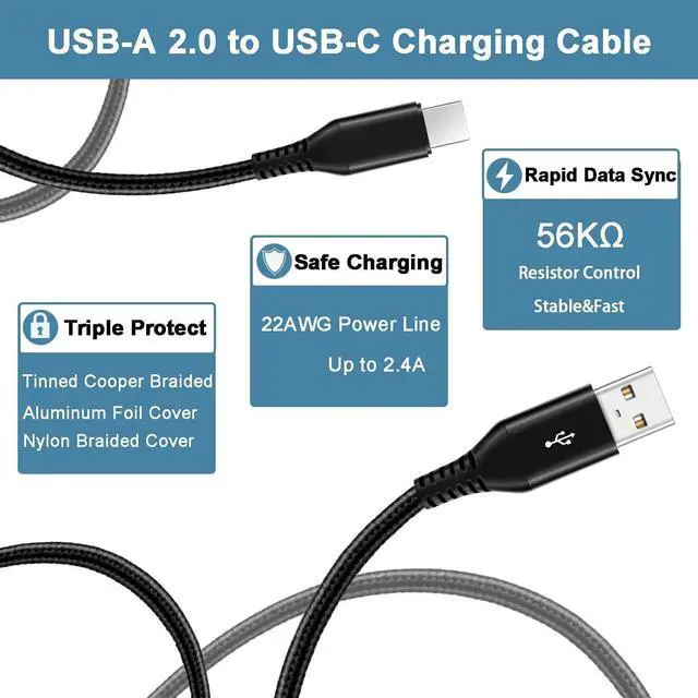 Alt view image 3 of 7 - USB C Cable 15ft, Extra Long USB Type C Fast Charging Cable Sturdy Nylon Braided USB A to USB C Cable Compatible with Samsung S10/S9/S8/S7/S20/A10/A20/A50/A51/Note9/Note8, LG V50 V40 V20,Black