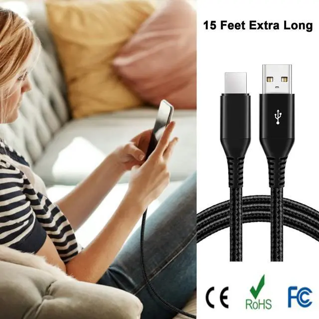 Alt view image 7 of 7 - USB C Cable 15ft, Extra Long USB Type C Fast Charging Cable Sturdy Nylon Braided USB A to USB C Cable Compatible with Samsung S10/S9/S8/S7/S20/A10/A20/A50/A51/Note9/Note8, LG V50 V40 V20,Black