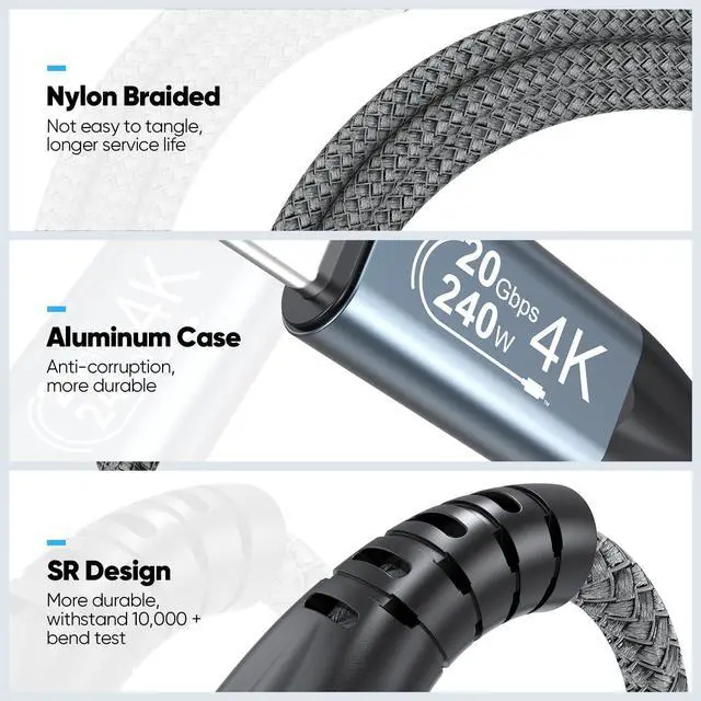 Alt view image 3 of 7 - USB C Cable 15ft with USB3.2 Gen 2 Standard, 20Gbps High Speed Data Transfer & 140W Charging & 4K@60Hz Video USB-C to Type C Cord for Monitor Game Controller Hub Dock Laptop Phone Camera etc.