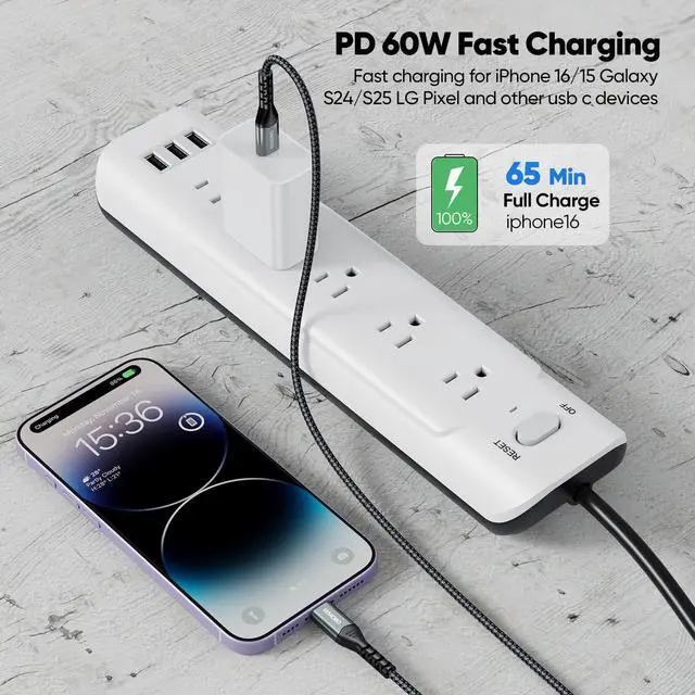 Alt view image 3 of 7 - USB C Cable 15ft Pack of 2, 60W Extra Long USBC to Type C Fast Charging Cord, Nylon Braided USB-C Data Transfer Cables for iPhone 16/15 Series Samsung Galaxy S24/S23 Security Camera Tablet