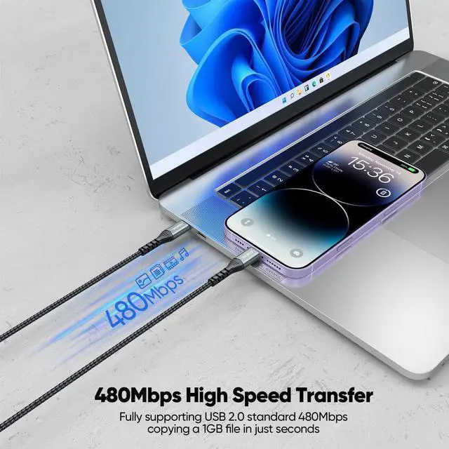 Alt view image 4 of 7 - USB C Cable 15ft Pack of 2, 60W Extra Long USBC to Type C Fast Charging Cord, Nylon Braided USB-C Data Transfer Cables for iPhone 16/15 Series Samsung Galaxy S24/S23 Security Camera Tablet