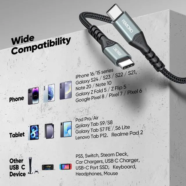 Alt view image 6 of 7 - USB C Cable 15ft Pack of 2, 60W Extra Long USBC to Type C Fast Charging Cord, Nylon Braided USB-C Data Transfer Cables for iPhone 16/15 Series Samsung Galaxy S24/S23 Security Camera Tablet