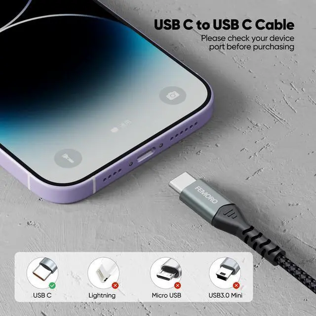 Alt view image 7 of 7 - USB C Cable 15ft Pack of 2, 60W Extra Long USBC to Type C Fast Charging Cord, Nylon Braided USB-C Data Transfer Cables for iPhone 16/15 Series Samsung Galaxy S24/S23 Security Camera Tablet