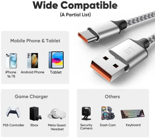 Alt view image 5 of 7 - 20 Ft USB C Cable, Long USB A 2.0 to Type C 12W Fast Charging & Data Transfer Cord Compatible with Xbox PS5 Controller, iPhone 17/16/15, Android Phone, Tablet, Game Controller, Camera, and more