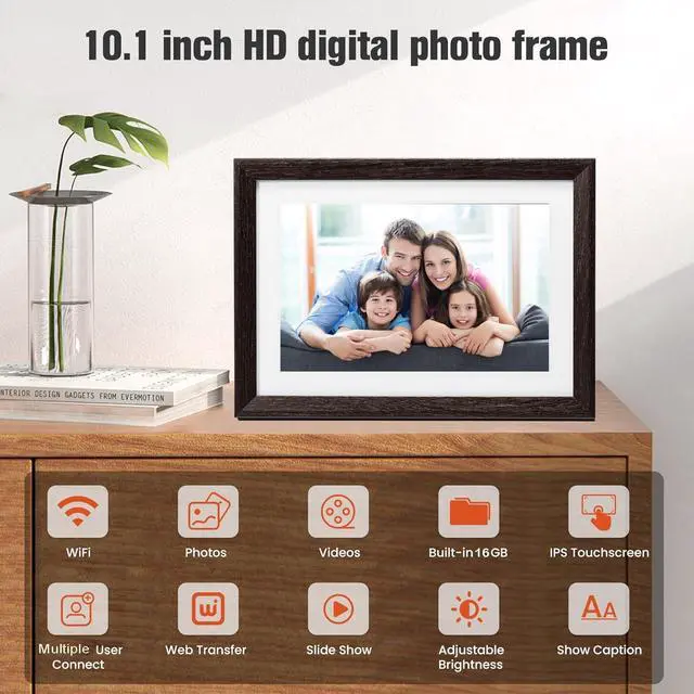 Alt view image 4 of 7 - 10.1 Inch WiFi Digital Photo Frame, 1280x800 HD IPS Touch Screen Photo Frame Electronic, 16GB Memory, Auto-Rotate, Wall Mountable, Share Photos/Videos Instantly, Smart Photo Frame as Great Gift