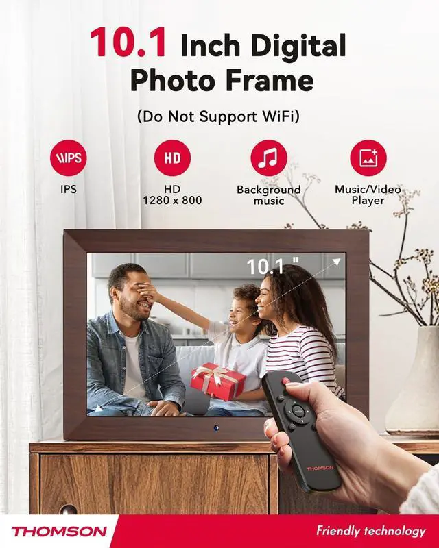 Alt view image 2 of 7 - 10.1" Digital Picture Frame with Remote Control, 1280 * 800 IPS Full View Ultra Clear Screen, Wooden Frame, Share Videos Photos Send Wishes Auto-Rotate Slideshow Non-WiFi
