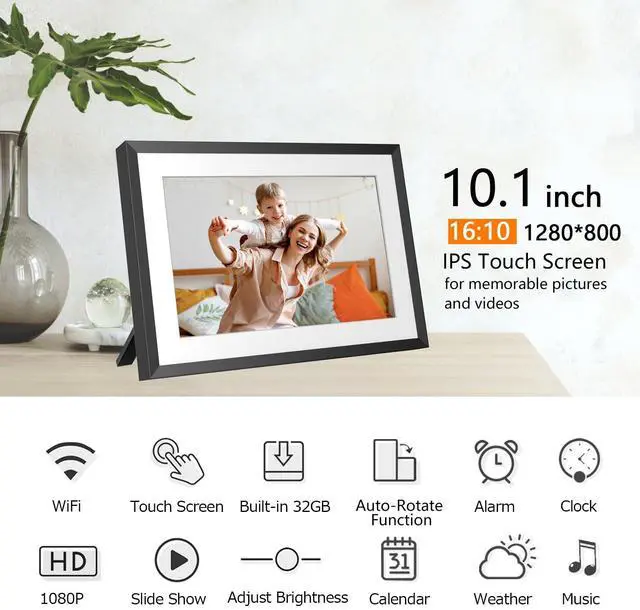 Alt view image 2 of 7 - 32GB 10.1 Inch WiFi Digital Picture Frame with 1280x800 HD IPS Touch Screen, Send Photo or Videos via App or Email,Support USB Drive/SD Card Extend Storage,Auto-Rotate,Wall Mountable