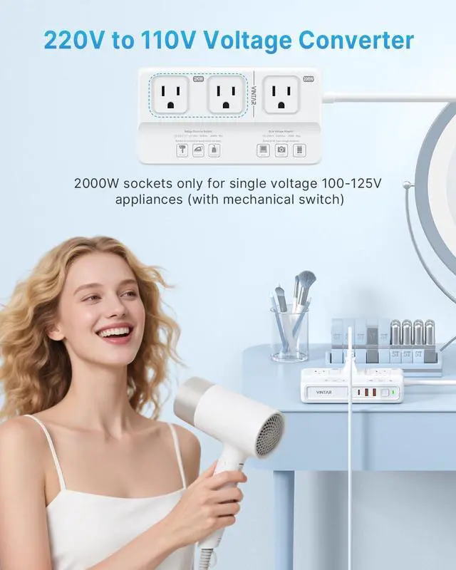 Alt view image 2 of 7 - 220V to 110V Voltage Converter, 2000W Universal Travel Adapter Voltage Converter US to Europe, International Step Down Transformer Power Converters Adapter Combo for EU UK JP AU in SA