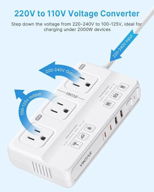 Alt view image 7 of 7 - 220V to 110V Voltage Converter, 2000W Universal Travel Adapter Voltage Converter US to Europe, International Step Down Transformer Power Converters Adapter Combo for EU UK JP AU in SA