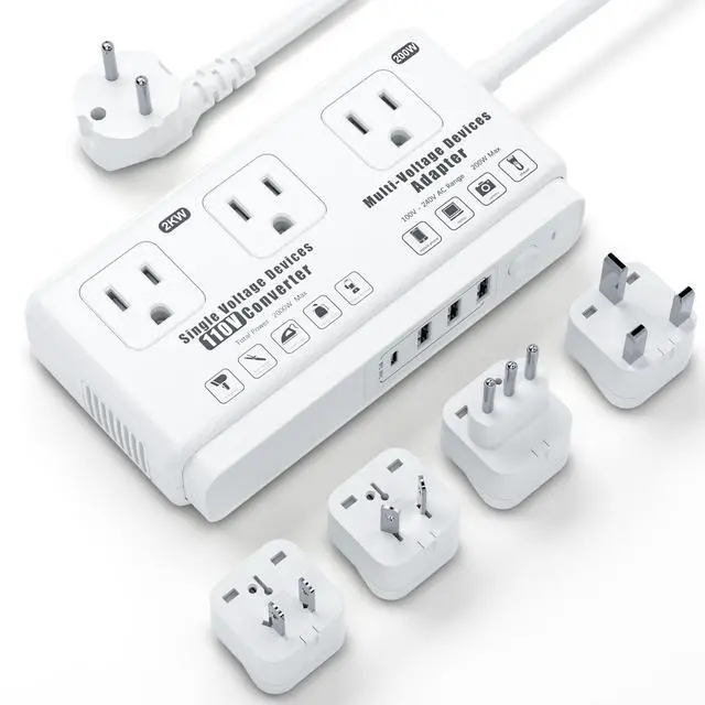 Main image of 220v to 110v Travel Voltage Converter: International Universal Voltage Converter US to Europe Power Strip Plug Transformer - 2000W Electric Hair Dryer Step Down Outlet Converters for European UK EU