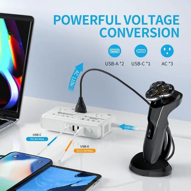 Alt view image 5 of 7 - 220v to 110v Travel Voltage Converter: International Universal Voltage Converter US to Europe Power Strip Plug Transformer - 2000W Electric Hair Dryer Step Down Outlet Converters for European UK EU