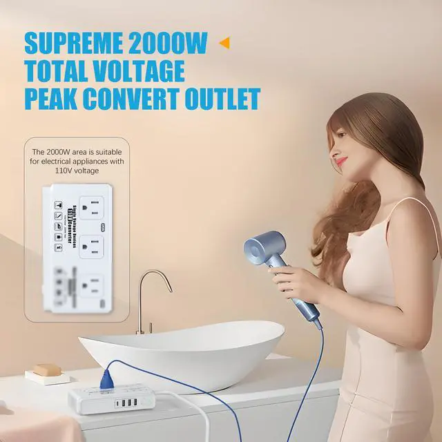 Alt view image 2 of 7 - 220v to 110v Travel Voltage Converter: International Universal Voltage Converter US to Europe Power Strip Plug Transformer - 2000W Electric Hair Dryer Step Down Outlet Converters for European UK EU