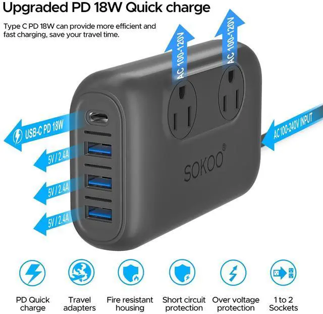 Alt view image 4 of 7 - 220v to 110v Voltage Converter, International Universal Travel Adapter, 4 USB Ports (1 USB C) Step Down Power Converter Adapter Combo with UK/AU/US/EU Plug Adapter