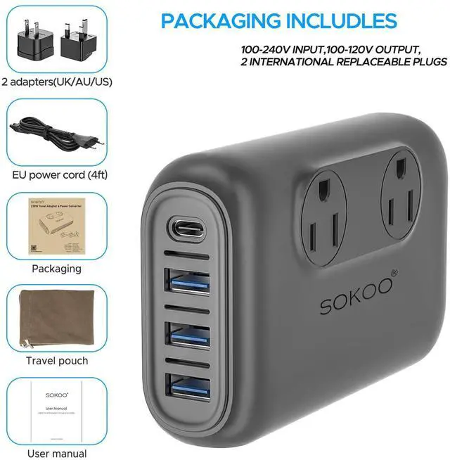 Alt view image 6 of 7 - 220v to 110v Voltage Converter, International Universal Travel Adapter, 4 USB Ports (1 USB C) Step Down Power Converter Adapter Combo with UK/AU/US/EU Plug Adapter
