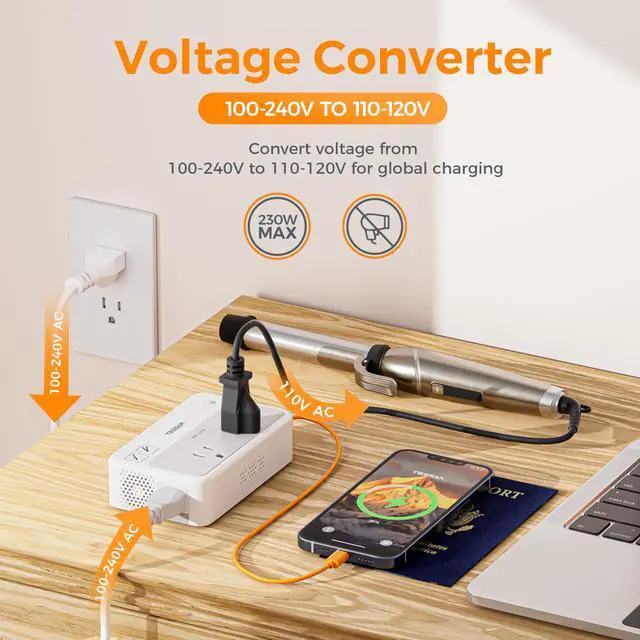 Alt view image 2 of 7 - 220V to 110V Voltage Converter, Universal Travel Power Adapter Combo with International Plug (Type C/G/D/I/L), 2AC 4 USB Ports(1 USBC)230W Max Step Down Transformer for US to Europe