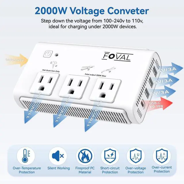 Alt view image 4 of 7 - 220V to 110V Travel Voltage Converter, 2000W Power Converter for Hair Dryer, Straightener/Curling Iron with 4-Port USB (1 USB C), Step Down Transformer for US/EU/UK/AU/SA/Italy/India