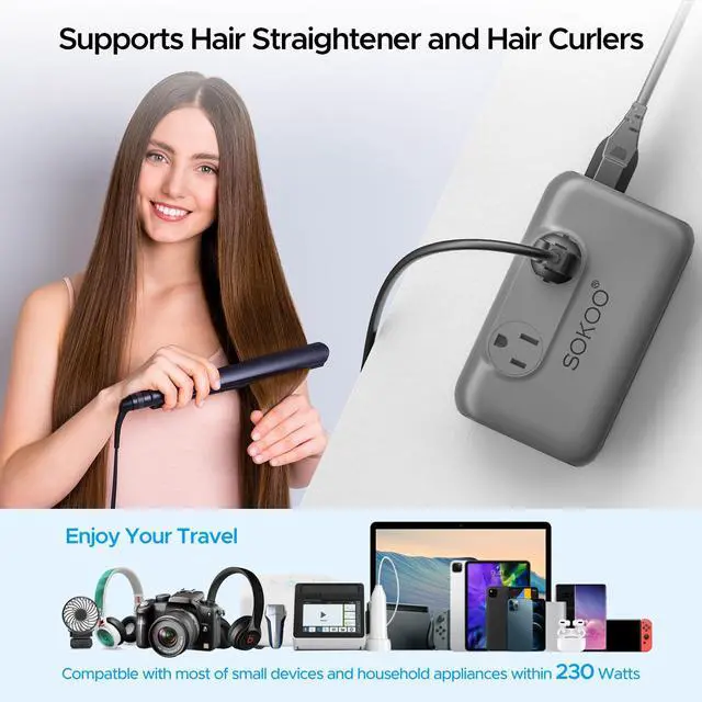 Alt view image 2 of 7 - 230-Watt Step Down 100-220V to 110V Voltage Converter, International Power Converter/Travel Adapter- Use for EU/UK/AU/US/India More Than 150 Countries, USB Quick Charger 3.0 Grey