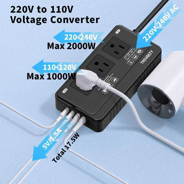 Alt view image 4 of 7 - 2000W Voltage Converter US to Europe, 7-in-1 220V to 110V Converter Combo with 3 AC Outlets, 2 USB & 2 Type-C Ports, Power Converter Adapter EU/UK/IT/AU Plugs for Travel, Business Trip, Study Abroad