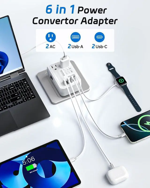 Alt view image 2 of 7 - 220V to 110V Converter - 350W Cordless Voltage Converter US to Europe Power Adapter Combo with 4-Port USB Charging & Worldwide Plugs (UK/AU/US/EU) for Hair Straightener, Curler, Phone