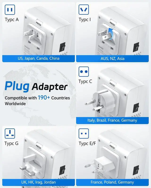 Alt view image 4 of 7 - 220V to 110V Converter - 350W Cordless Voltage Converter US to Europe Power Adapter Combo with 4-Port USB Charging & Worldwide Plugs (UK/AU/US/EU) for Hair Straightener, Curler, Phone