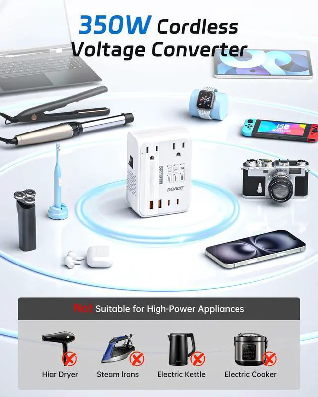 Alt view image 6 of 7 - 220V to 110V Converter - 350W Cordless Voltage Converter US to Europe Power Adapter Combo with 4-Port USB Charging & Worldwide Plugs (UK/AU/US/EU) for Hair Straightener, Curler, Phone