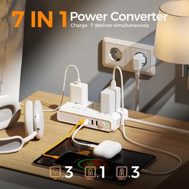 Alt view image 3 of 7 - 220V to 110V Voltage Converter for Travel with 4 USB Ports (1 USB C), 3 AC Outlet and EU UK AU IT in ZA International Power Adapter, Step Down Transformer Outlet Converters White
