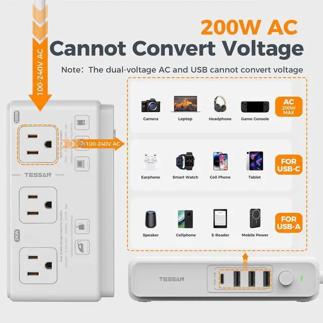 Alt view image 4 of 7 - 220V to 110V Voltage Converter for Travel with 4 USB Ports (1 USB C), 3 AC Outlet and EU UK AU IT in ZA International Power Adapter, Step Down Transformer Outlet Converters White
