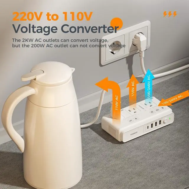 Alt view image 5 of 7 - 220V to 110V Voltage Converter for Travel with 4 USB Ports (1 USB C), 3 AC Outlet and EU UK AU IT in ZA International Power Adapter, Step Down Transformer Outlet Converters White