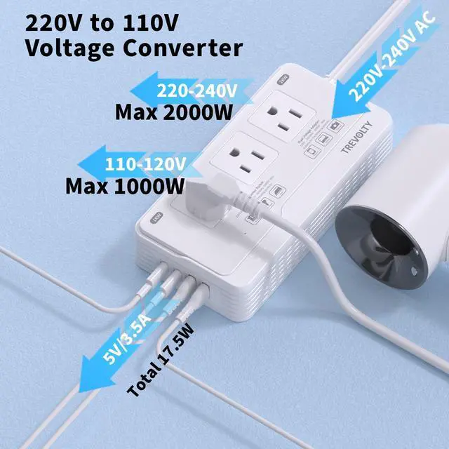Alt view image 2 of 7 - 2000W Voltage Converter US to Europe, 220V to 110V Converter for European Travel, Power Adapter for Hair Dryer, European Travel Plug Adapter with 3 AC 2 USBC 2 USBA Ports & EU/UK/AU/IT Plugs (White)