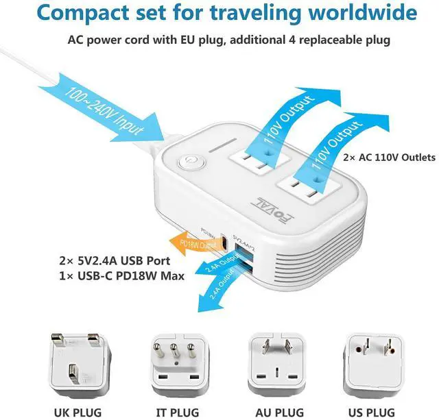 Alt view image 3 of 7 - 220V to 110V Converter Travel Adapter, FOVAL International Step Down Power Converter for Hair Straightener/Curler with 18W USB-C Port Voltage Converter US to Europe Italy UK AU China Plug (White)