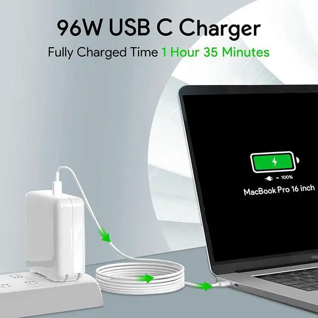 Alt view image 2 of 7 - Mac Book Pro Charger - 96W USB C Charger Fast Charger for USB C Port MacBook pro & MacBook Air, ipad Pro, Samsung Galaxy and All Type C Device, 6.6 ft USBC Cable Included