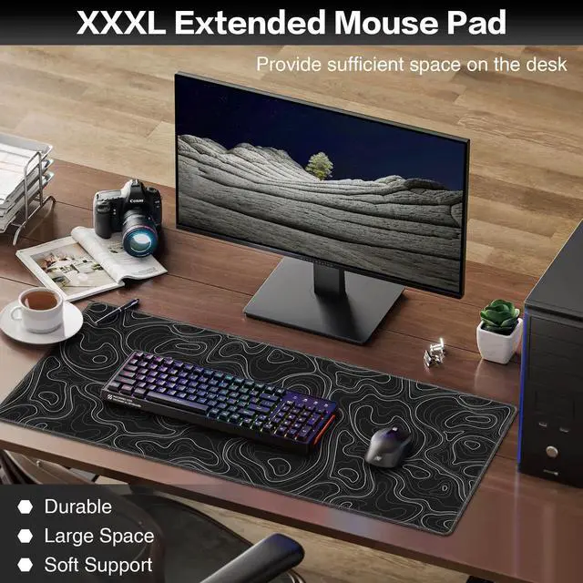 Alt view image 2 of 7 - Black Mousepad, Large Mouse Pad XXL 35.4×15.7in, Extended Computer Keyboard Mouse Mat Desk Pad for Laptop with Stitched Edges, Waterproof Mousepad for Gamer Home&Office Women