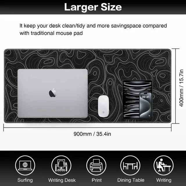 Alt view image 6 of 7 - Black Mousepad, Large Mouse Pad XXL 35.4×15.7in, Extended Computer Keyboard Mouse Mat Desk Pad for Laptop with Stitched Edges, Waterproof Mousepad for Gamer Home&Office Women
