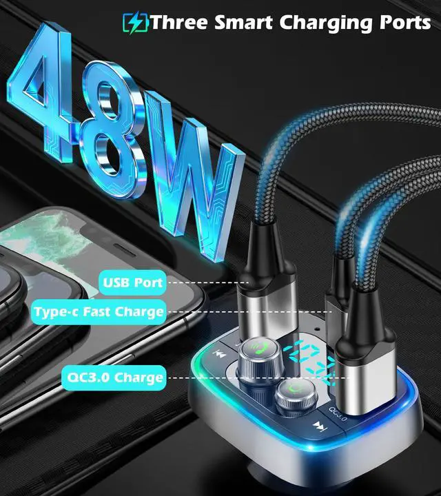 Alt view image 2 of 7 - USB C Bluetooth 5.4 Car Adapter, Wireless FM Radio Transmitter, Hands-Free Calling & Audio Receiver, MP3 Music Player, QC3.0 & Type-C PD Fast Charging,7 Colors LED Backlit, Support USB/TF Drive