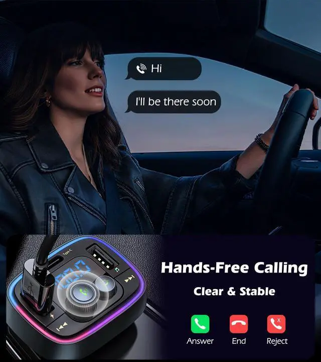Alt view image 3 of 7 - USB C Bluetooth 5.4 Car Adapter, Wireless FM Radio Transmitter, Hands-Free Calling & Audio Receiver, MP3 Music Player, QC3.0 & Type-C PD Fast Charging,7 Colors LED Backlit, Support USB/TF Drive