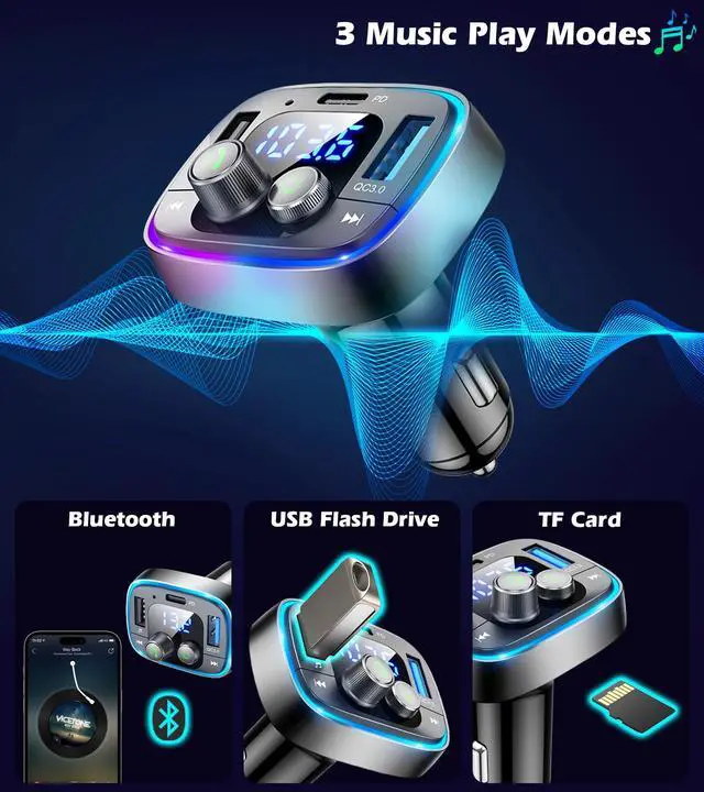 Alt view image 4 of 7 - USB C Bluetooth 5.4 Car Adapter, Wireless FM Radio Transmitter, Hands-Free Calling & Audio Receiver, MP3 Music Player, QC3.0 & Type-C PD Fast Charging,7 Colors LED Backlit, Support USB/TF Drive