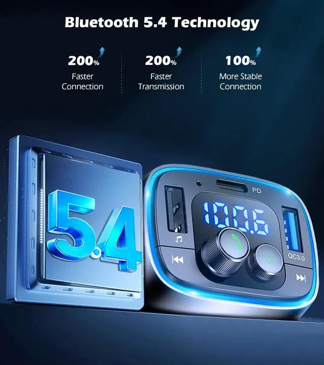 Alt view image 5 of 7 - USB C Bluetooth 5.4 Car Adapter, Wireless FM Radio Transmitter, Hands-Free Calling & Audio Receiver, MP3 Music Player, QC3.0 & Type-C PD Fast Charging,7 Colors LED Backlit, Support USB/TF Drive