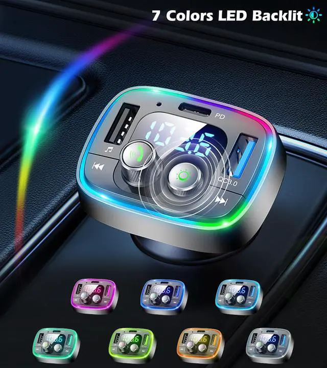 Alt view image 6 of 7 - USB C Bluetooth 5.4 Car Adapter, Wireless FM Radio Transmitter, Hands-Free Calling & Audio Receiver, MP3 Music Player, QC3.0 & Type-C PD Fast Charging,7 Colors LED Backlit, Support USB/TF Drive