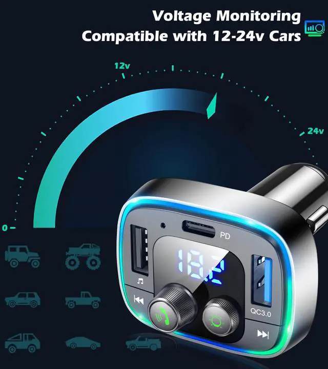 Alt view image 7 of 7 - USB C Bluetooth 5.4 Car Adapter, Wireless FM Radio Transmitter, Hands-Free Calling & Audio Receiver, MP3 Music Player, QC3.0 & Type-C PD Fast Charging,7 Colors LED Backlit, Support USB/TF Drive