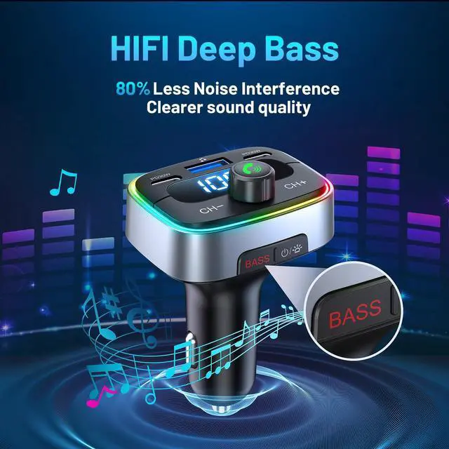 Alt view image 2 of 7 - Bluetooth 5.4 Car Adapter 60W Charging USB Bluetooth Adapter for Car,Wireless Fm Transmitter Radio,Handsfree Calling and Audio Receiver,HiFi Music Player,7 Colors LED Backlit