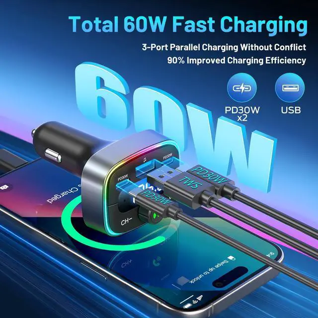 Alt view image 4 of 7 - Bluetooth 5.4 Car Adapter 60W Charging USB Bluetooth Adapter for Car,Wireless Fm Transmitter Radio,Handsfree Calling and Audio Receiver,HiFi Music Player,7 Colors LED Backlit