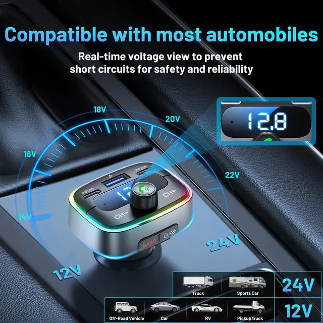 Alt view image 6 of 7 - Bluetooth 5.4 Car Adapter 60W Charging USB Bluetooth Adapter for Car,Wireless Fm Transmitter Radio,Handsfree Calling and Audio Receiver,HiFi Music Player,7 Colors LED Backlit