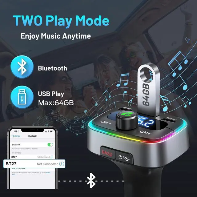 Alt view image 7 of 7 - Bluetooth 5.4 Car Adapter 60W Charging USB Bluetooth Adapter for Car,Wireless Fm Transmitter Radio,Handsfree Calling and Audio Receiver,HiFi Music Player,7 Colors LED Backlit