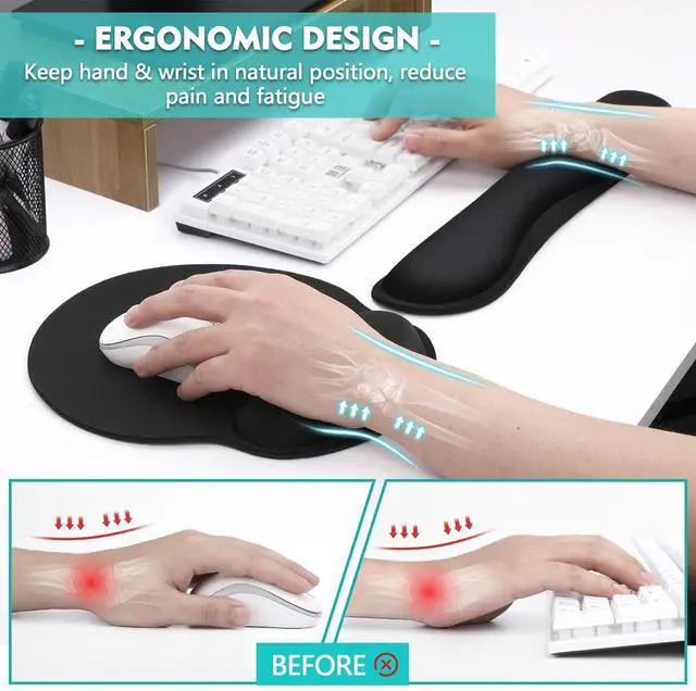 Alt view image 4 of 6 - Mouse Pad and Keyboard Wrist Rest- Ergonomic Wrist Pad for Computer Keyboard and Mouse Pad, Memory Foam Wrist Support for Comfy Typing (Mouse pad Set, Classic Black)