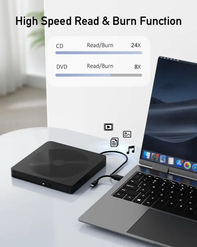 Alt view image 2 of 7 - External CD/DVD Drive for Laptop with USB 3.0 & Type-C, DVD CD Burner, External Disc Drive, CD Reader for Laptop, Lightweight USB CD/DVD External Drive Compatible with PC, Windows Mac Os Linux