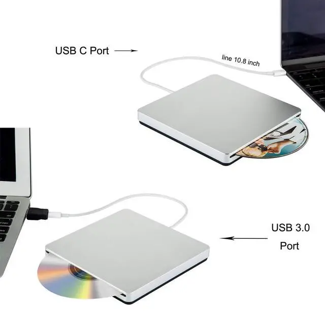 Alt view image 5 of 6 - External CD DVD Drive USB C CD DVD Burner/Writer Slim Portable Slot in CD DVD Reader for MacBook Pro/Air/Mac/Laptop/Windows10 (Sliver)
