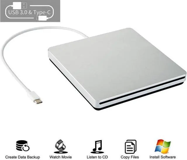 Alt view image 6 of 6 - External CD DVD Drive USB C CD DVD Burner/Writer Slim Portable Slot in CD DVD Reader for MacBook Pro/Air/Mac/Laptop/Windows10 (Sliver)