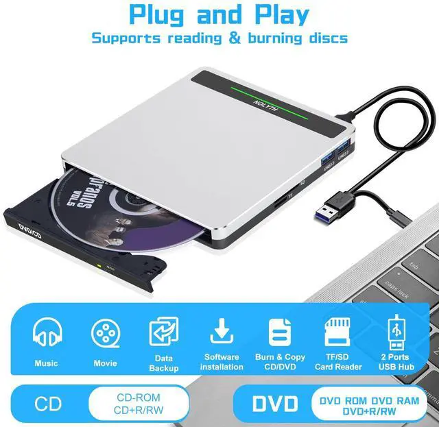 Alt view image 2 of 7 - External CD Drive for Apple Mac, USB DVD Drive External DVD Player CD ROM Burner with SD TF 2 USB Ports, Portable Optical Disk Reader for Laptop PC Windows Desktop