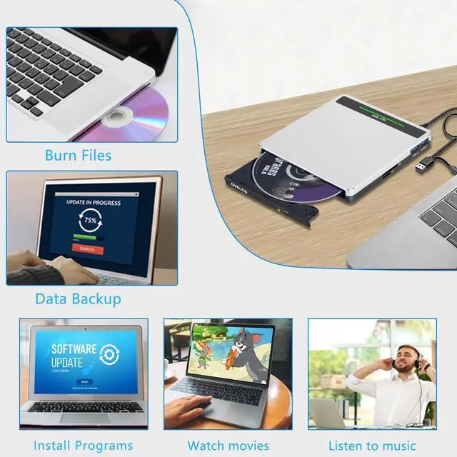 Alt view image 3 of 7 - External CD Drive for Apple Mac, USB DVD Drive External DVD Player CD ROM Burner with SD TF 2 USB Ports, Portable Optical Disk Reader for Laptop PC Windows Desktop