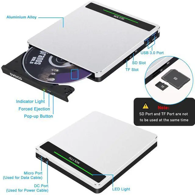 Alt view image 4 of 7 - External CD Drive for Apple Mac, USB DVD Drive External DVD Player CD ROM Burner with SD TF 2 USB Ports, Portable Optical Disk Reader for Laptop PC Windows Desktop